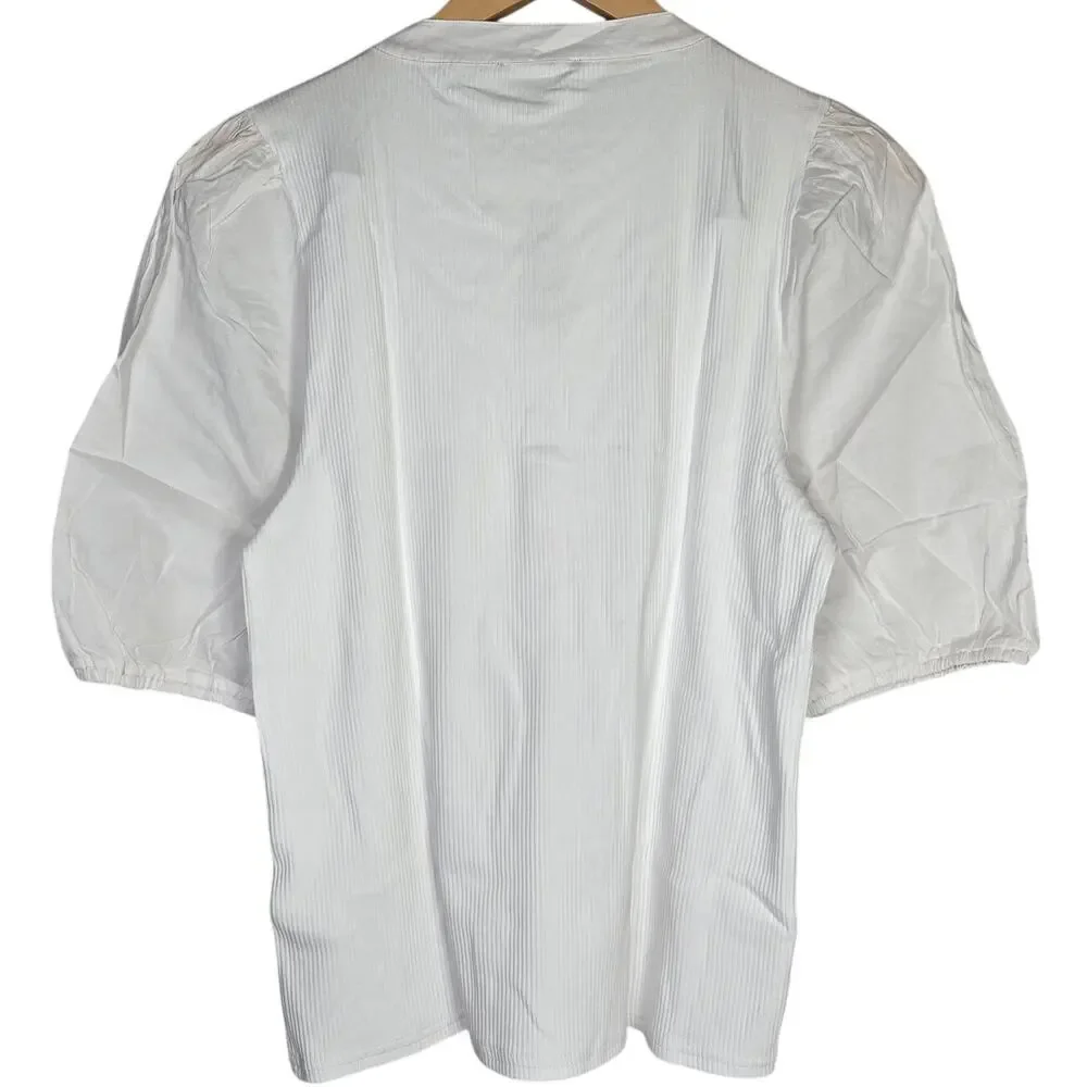 J. Crew Vintage rib puff-sleeve henley top L White BQ896‎